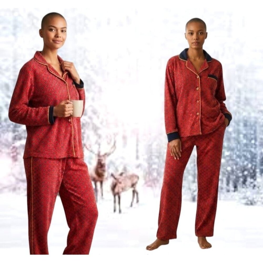 Secret Treasures Pajama Set Large 12 14 Red Geometric Velour Notch Collar EUC